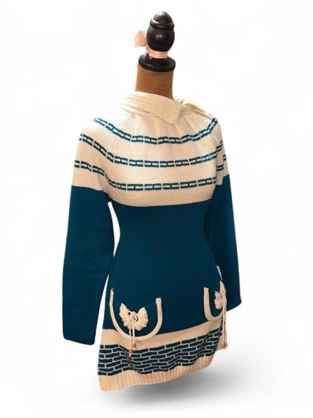 Cream and Teal Longline Knit Sweater Dress with Drawstring Detail Vintage 70s